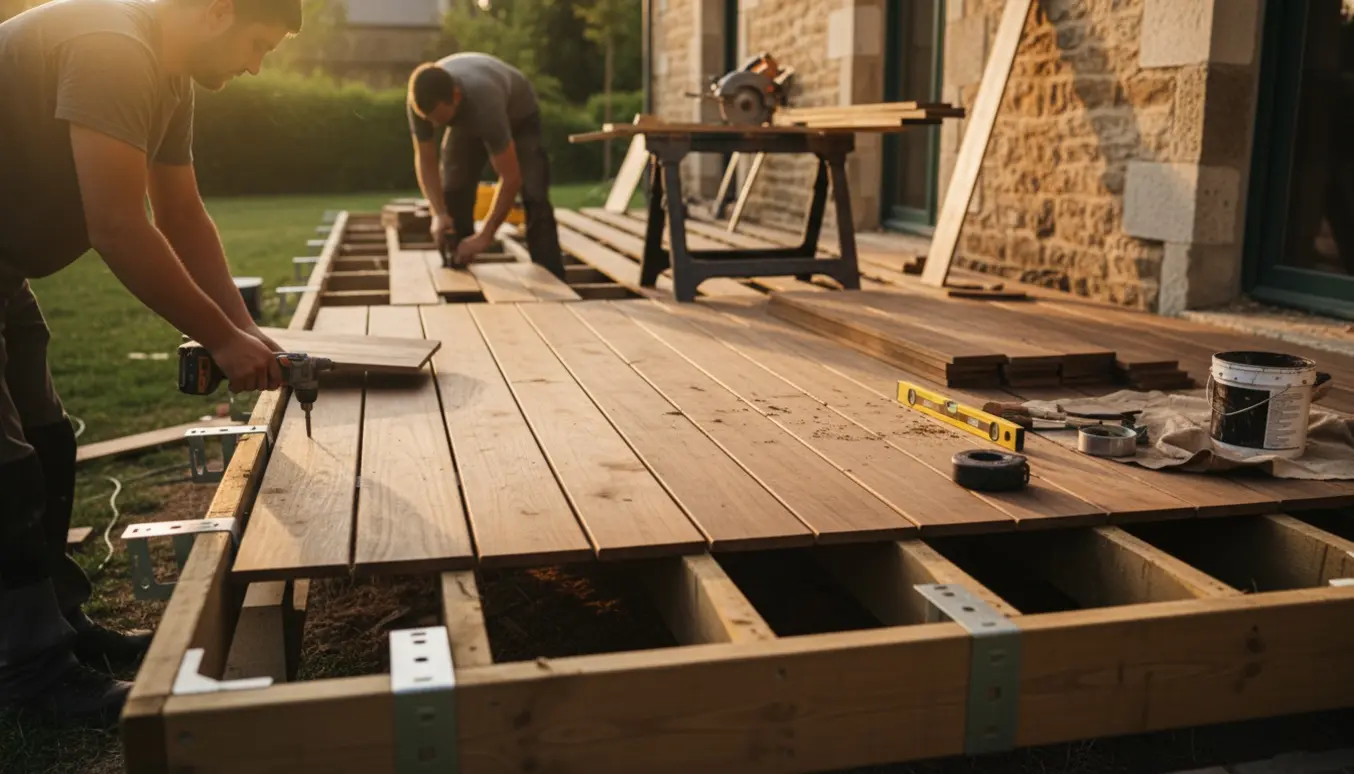 En cirka 30 m² træterrasse under opbygning med træbrædder, værktøj og monterede bjælker.