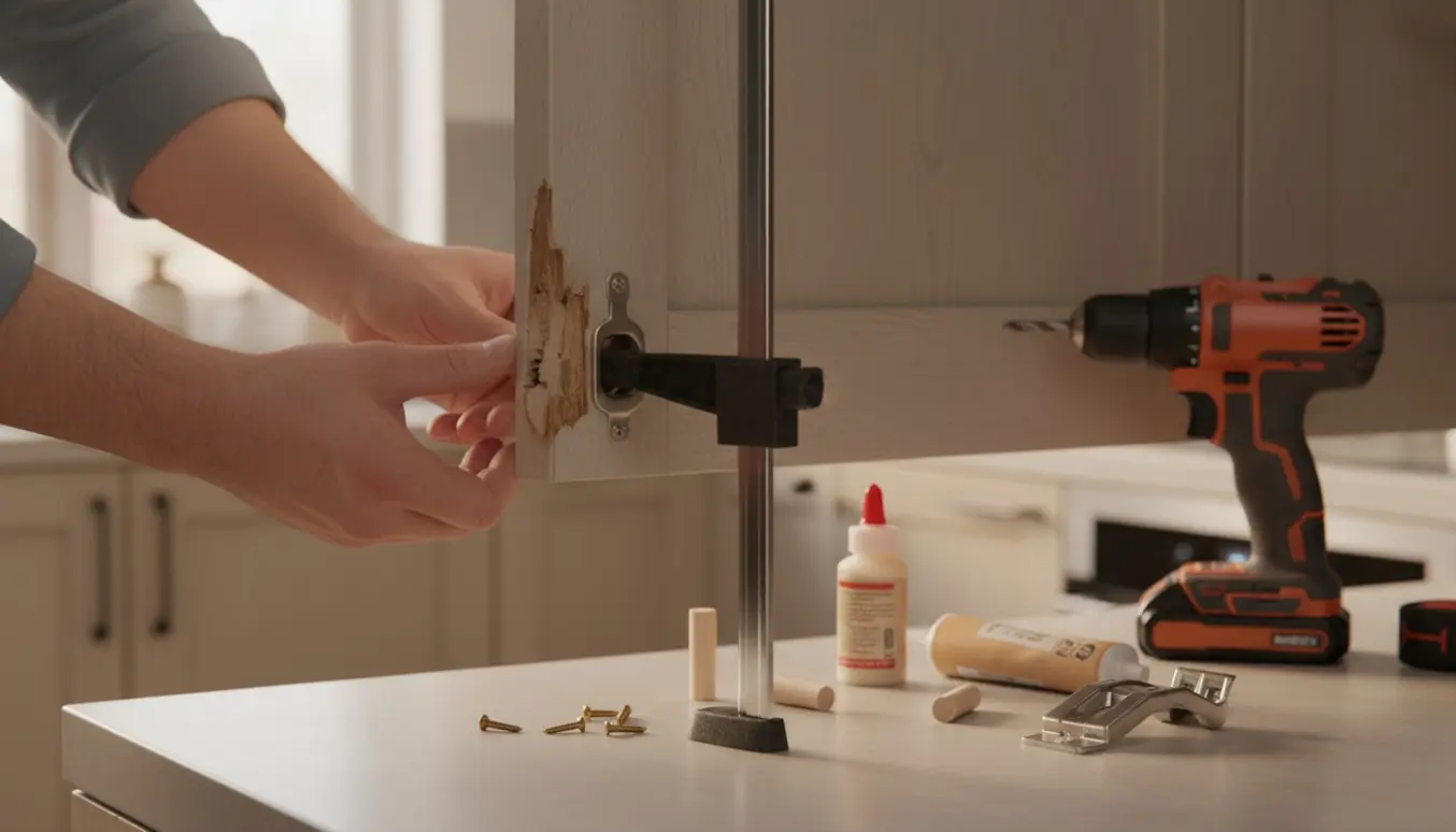 Skævt køkkenskabslåge med udtrukne hængsler og værktøj klar til reparation.