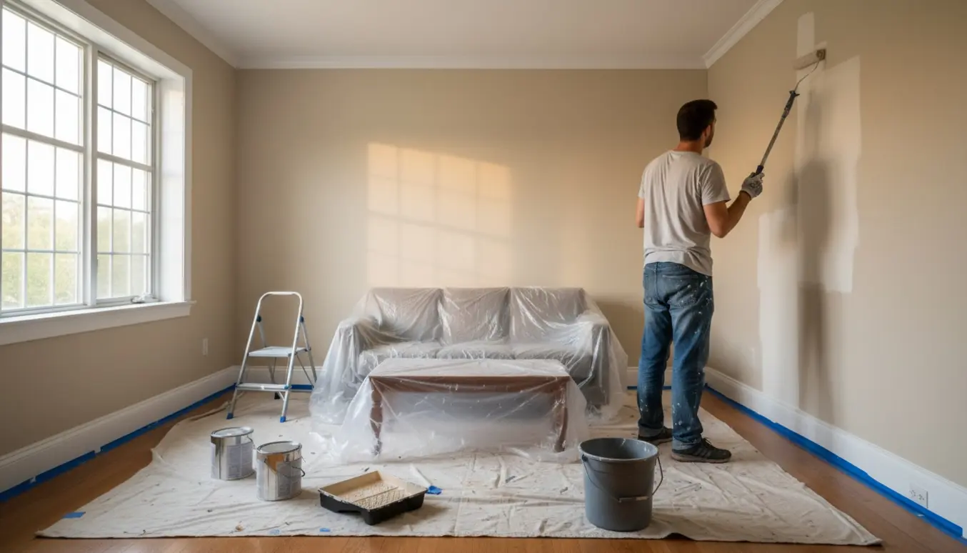 Person maler tre vægge i en lille stue med rulle og medbragt maling, møbler dækket til.