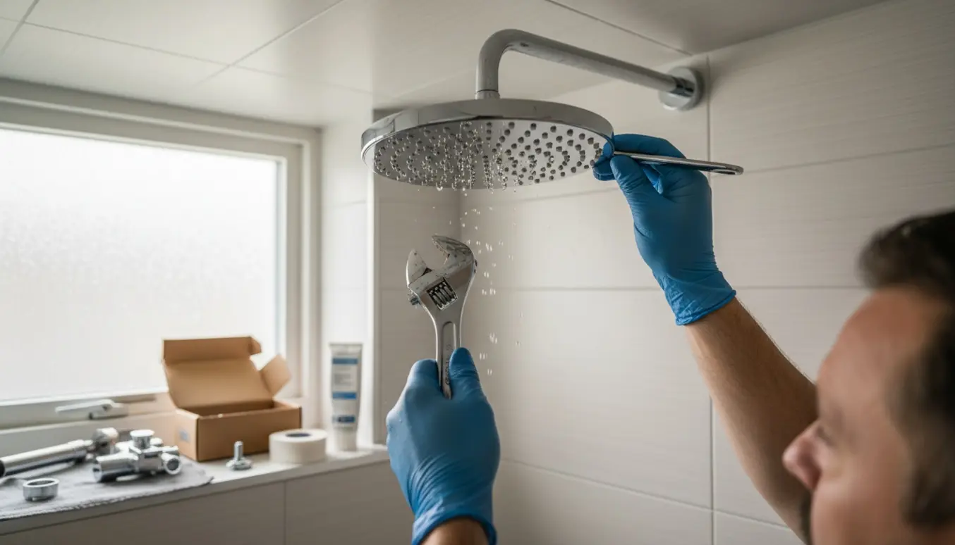 Hænder installerer et nyt chrome rainshower-brusesæt i et moderne badeværelse med værktøj og tilbehør på fliserne.