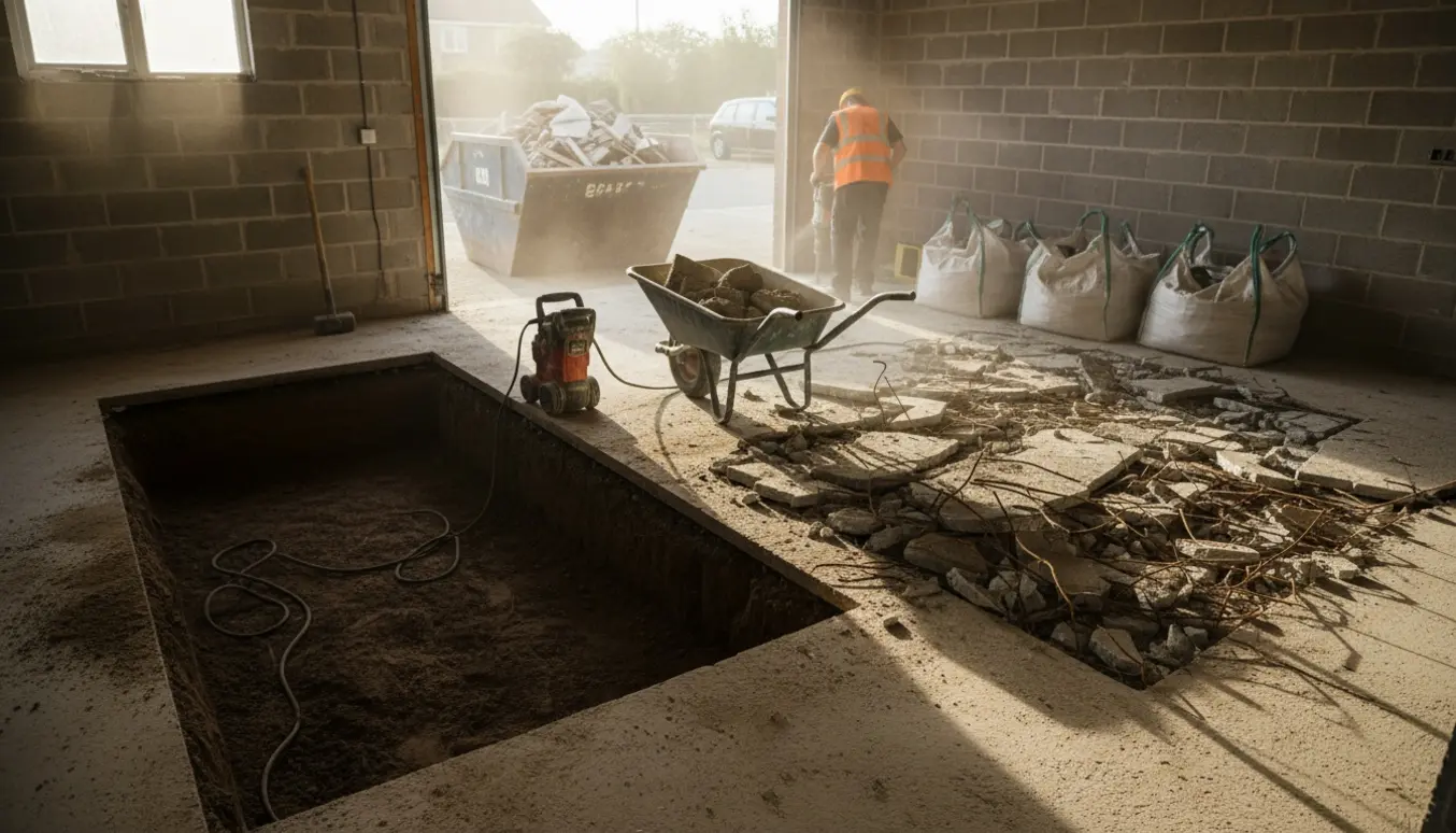 Garagerum under nedrivning med ødelagt beton, løst armeringsnet, et halvt meter dybt udgravet hul og værktøj til bortskaffelse af affald.