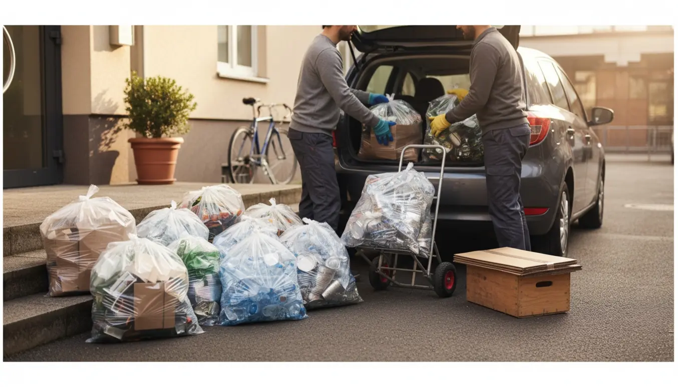 Gennemsigtige sække med pap, glas og plast bæres af hjælpere til en åben bilbagagerum, ansigter ikke synlige.