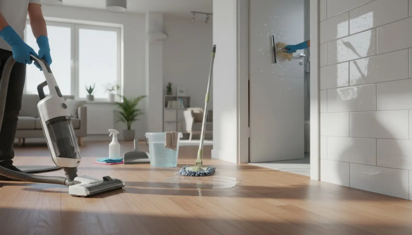 Lyst hjem med hænder, der støvsuger, vasker gulv og tørrer badeværelset af.