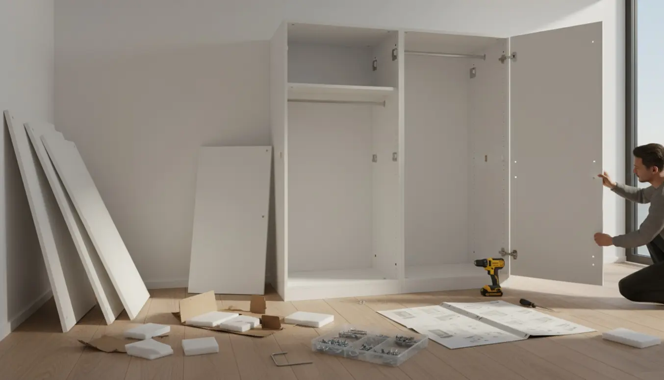 Delvist samlet fladtpakket klædeskab i lyst soveværelse med værktøj og hænder, der monterer det.