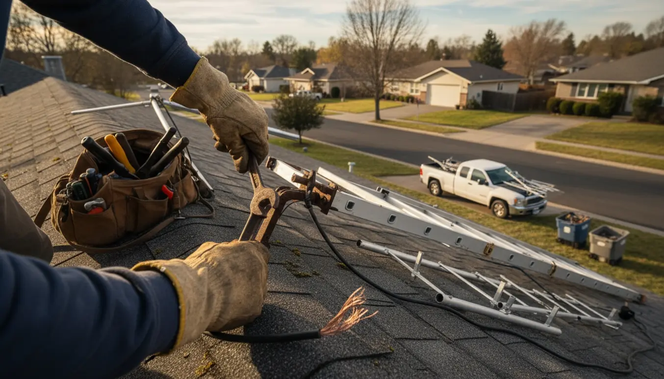En person fjerner en gammel antenne fra et skråtag med værktøj, mens metaldele lægges i en bil.
