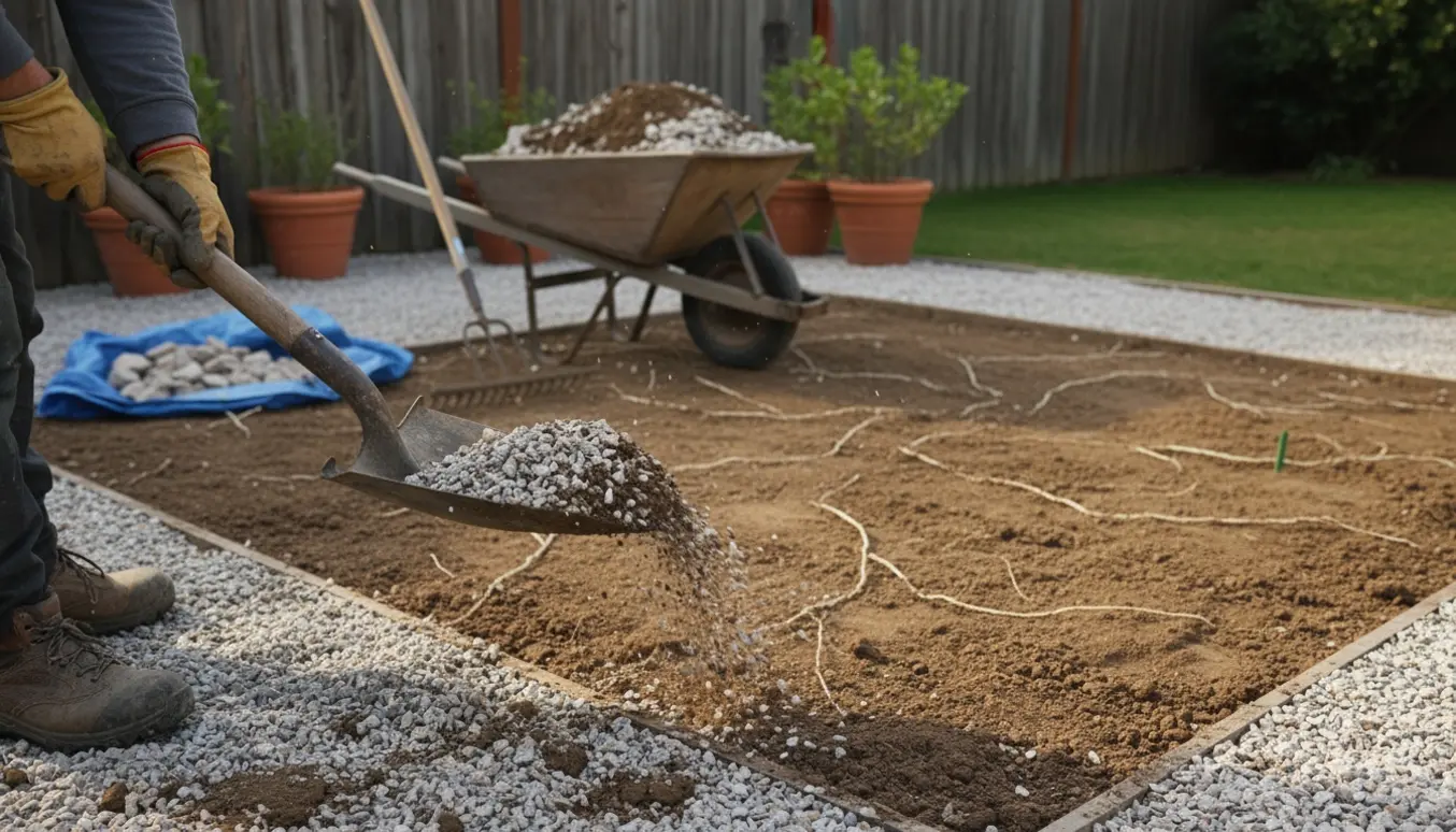 Hænder fjerner granit og jord med skovl og trillebør, så bar jord dukker frem i en baghave.