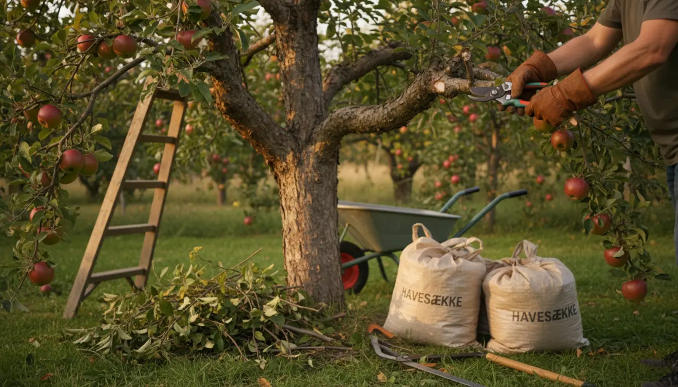 En person beskærer et æbletræ med grensakse, mens havesække med afklip står i baggrunden.