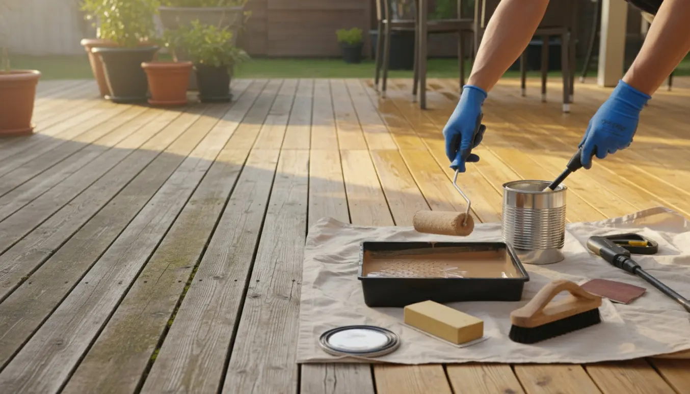 Rengøring og maling af en træterrasse med højtryksrenser og malerulle, uden synlige ansigter.