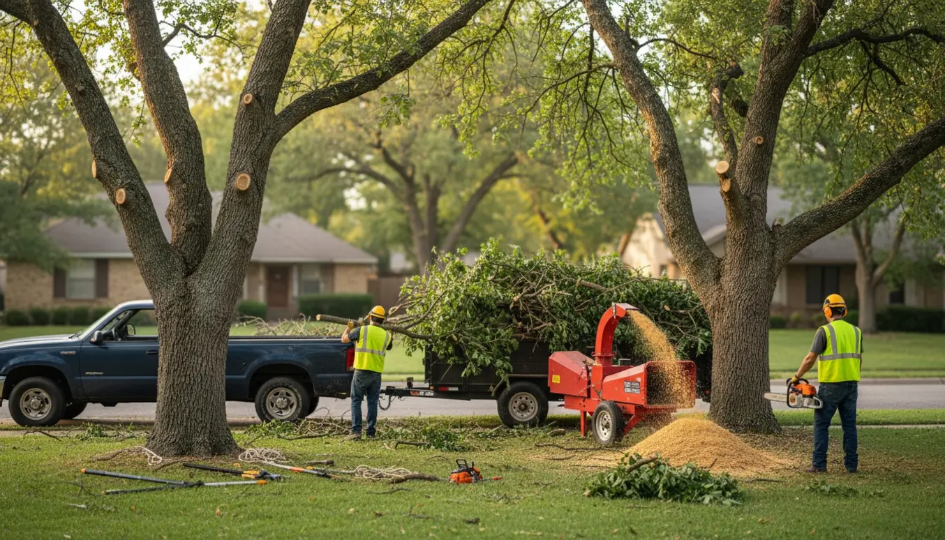 En varevogn og trailer fyldt med nyafskårne grene fra beskæring af to store træer, mens arbejdere læsser og en flishugger laver flis.