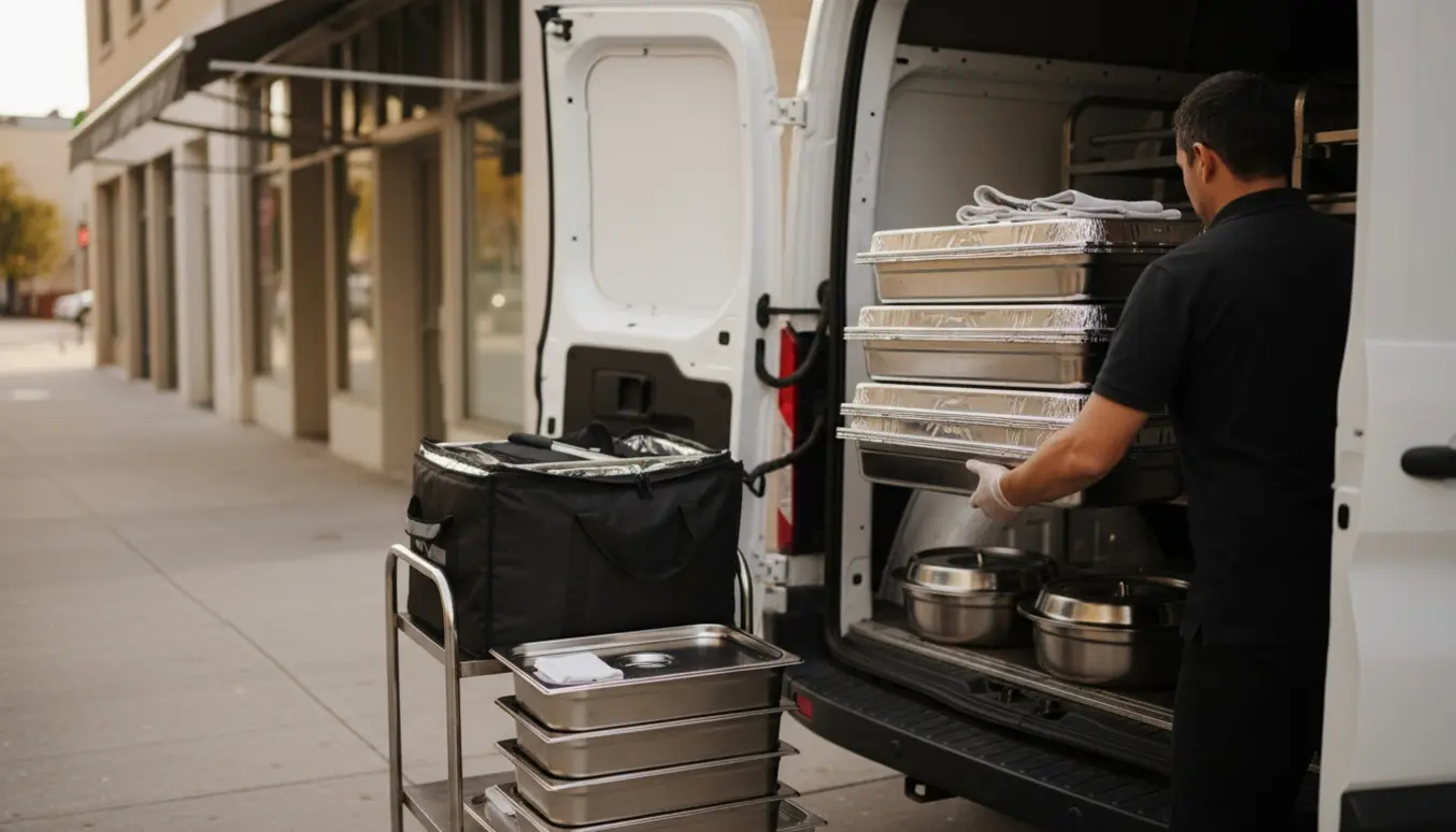Person læsser fem store cateringfade og to dækkede skåle ind i en varebil uden at ansigtet vises.