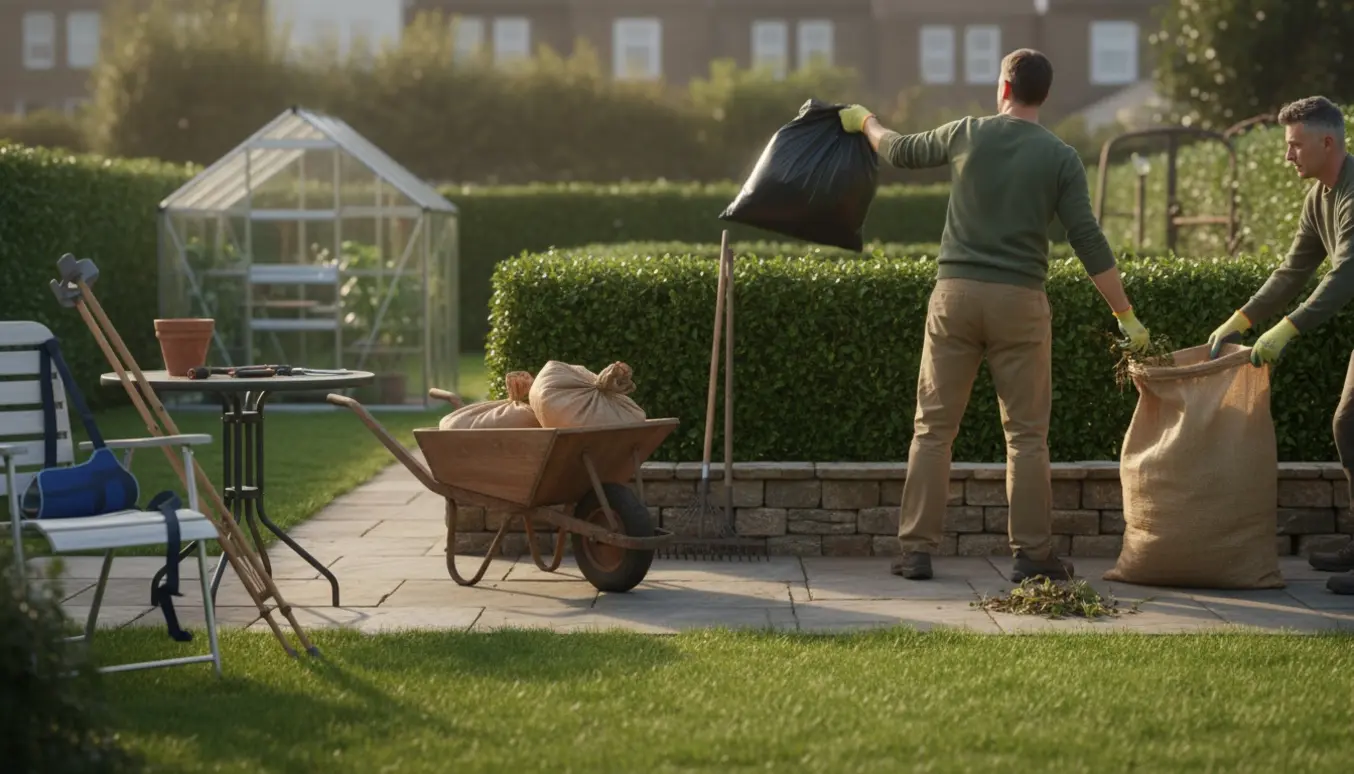 En havehjælper kaster en fyldt jordpose over hækken i en rækkehushave med trillebør, sække med ukrudt og et uforstyrret drivhus i baggrunden.