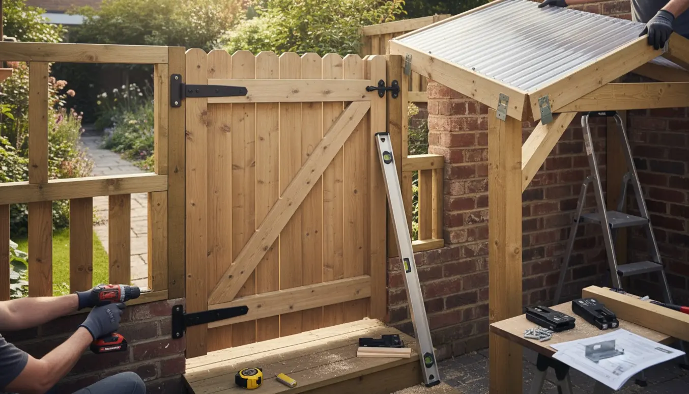 Havelåge flyttes og monteres på en mur, mens et træbaseret halvtag med klar tagplade sættes over åbningen.