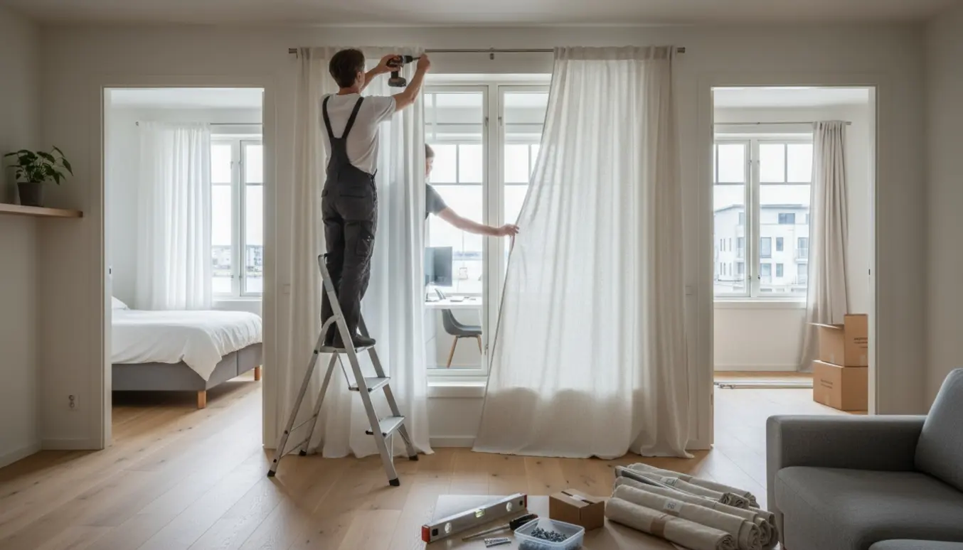 En person hænger gardinstænger og linnedgardiner op i en moderne lejlighed med værktøj og dagslys.