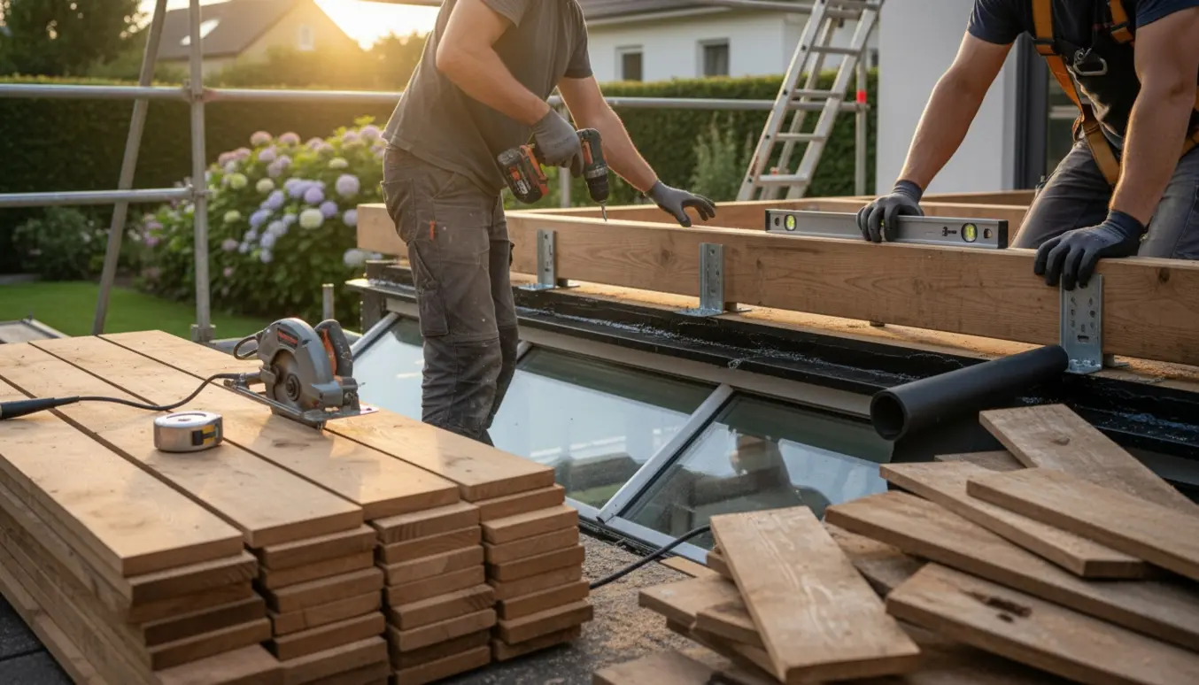 Håndværkere renoverer en førstesals træterrasse, forstærker konstruktionen og tætner udestue-tag.