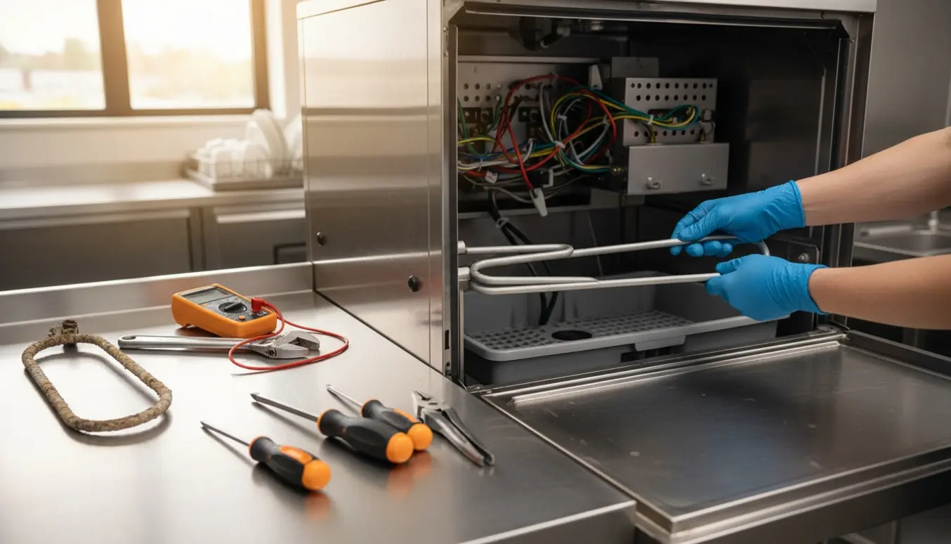 Tekniker skifter varmelegeme i en industriel hætteopvaskemaskine med værktøj på en arbejdsbænk.