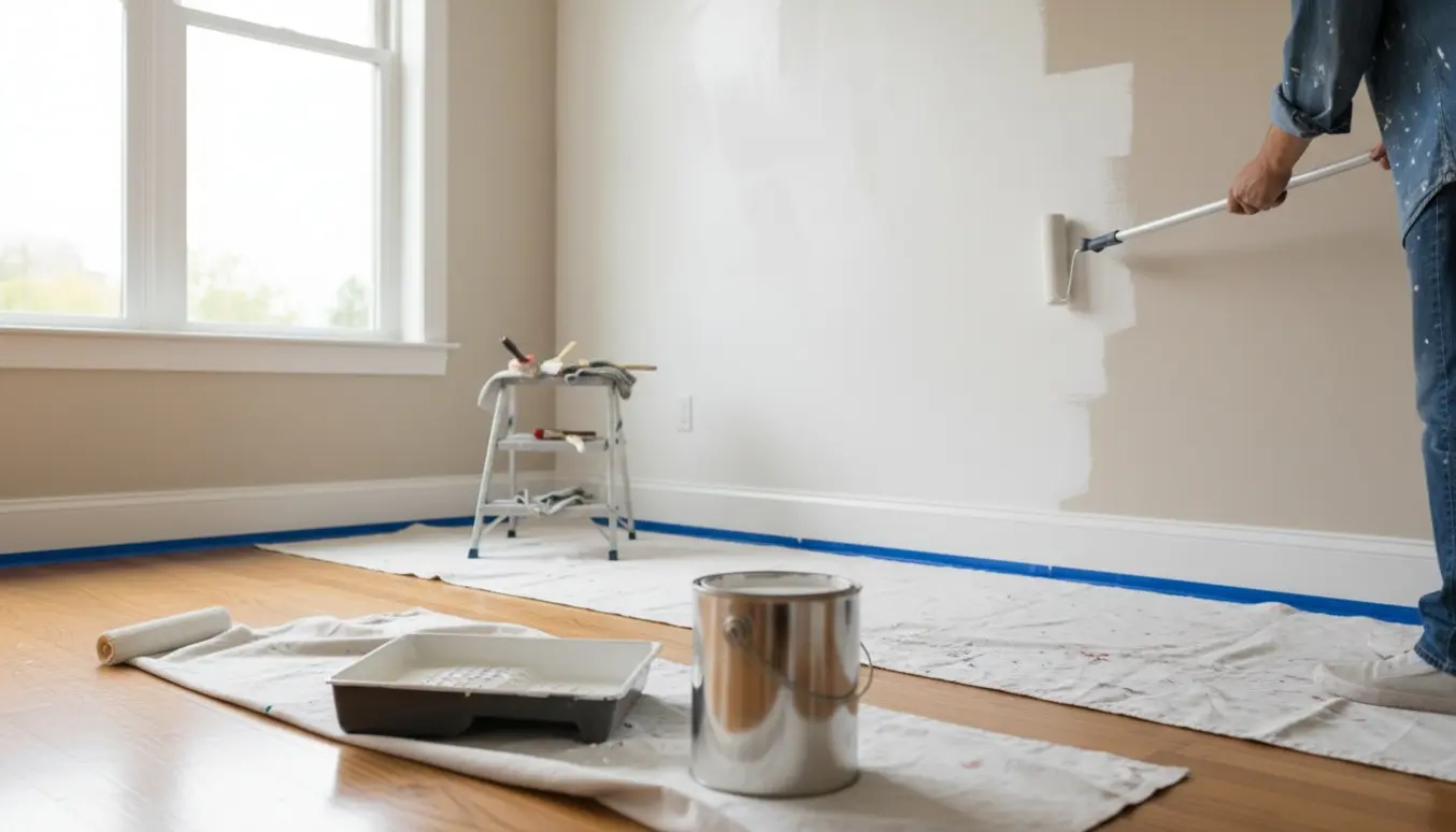 En maler ruller hvid maling på en indendørs væg med afdækningsdug og malertape.