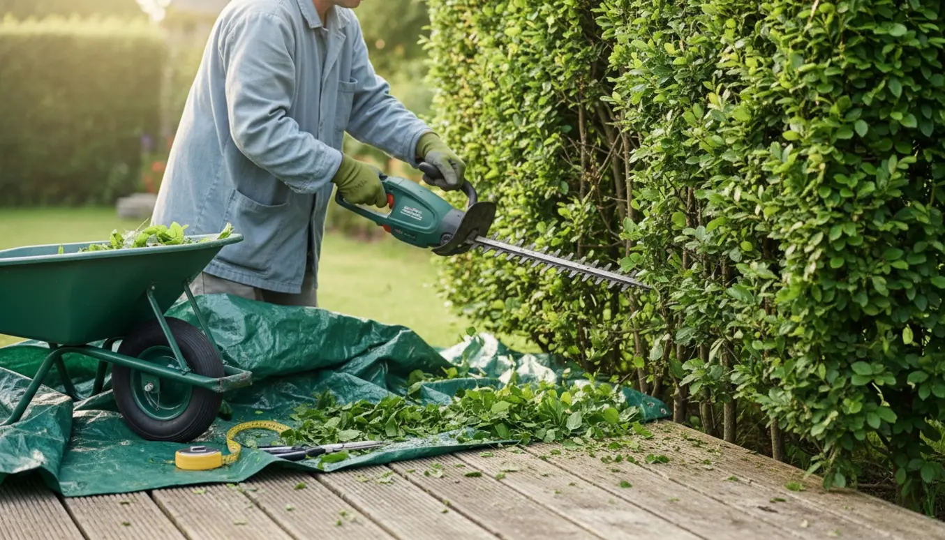Indersiden af en bøgehæk bliver klippet langs en lille træterrasse, med afklip samlet på en presenning og værktøj på terrassen.
