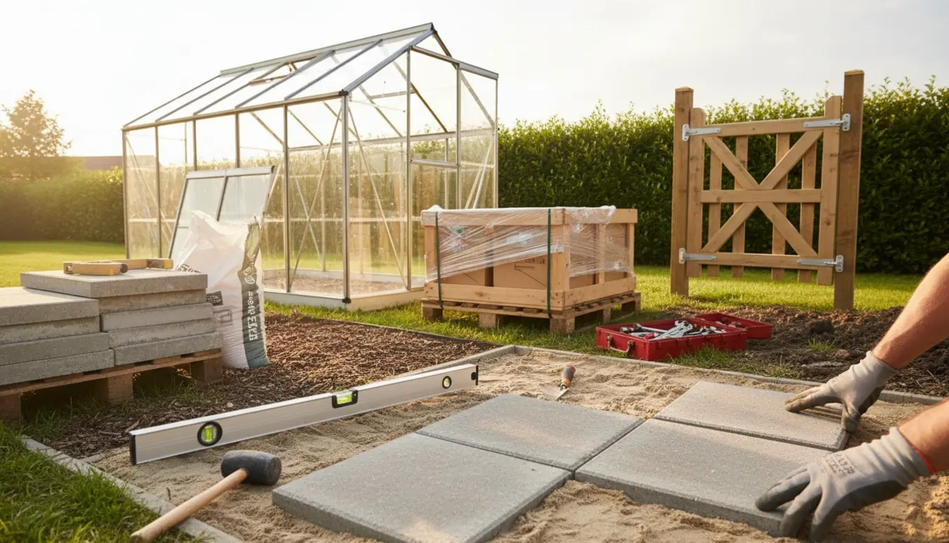 Haveprojekt med flisearbejde i forgrunden, delvist samlet drivhus og ny havelåge klar til montering.