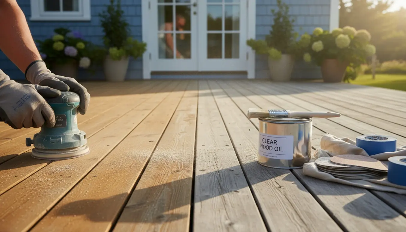 Terrasse ved sommerhus under klargøring med halvslibede træplanker, slibemaskine og åben bøtte træolie.