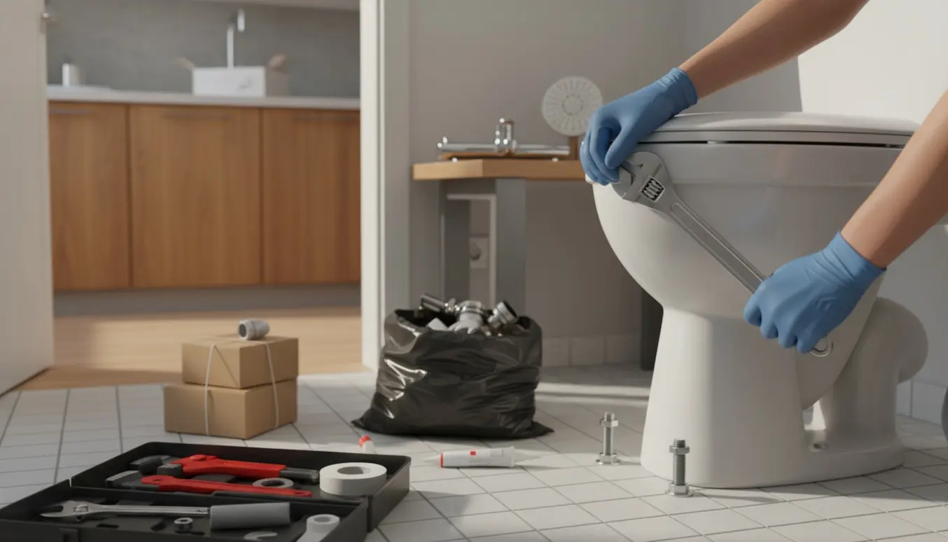 Håndværker monterer nyt toilet med nye krom-armaturer og værktøj omkring i et lyst badeværelse.