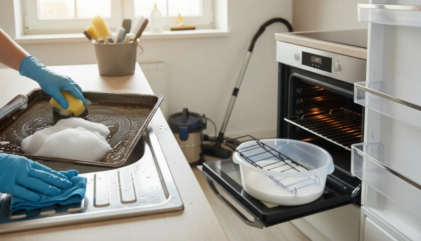 Nærbillede af dybderengøring i et lyst køkken med handsker, ovn og rengøringsredskaber.