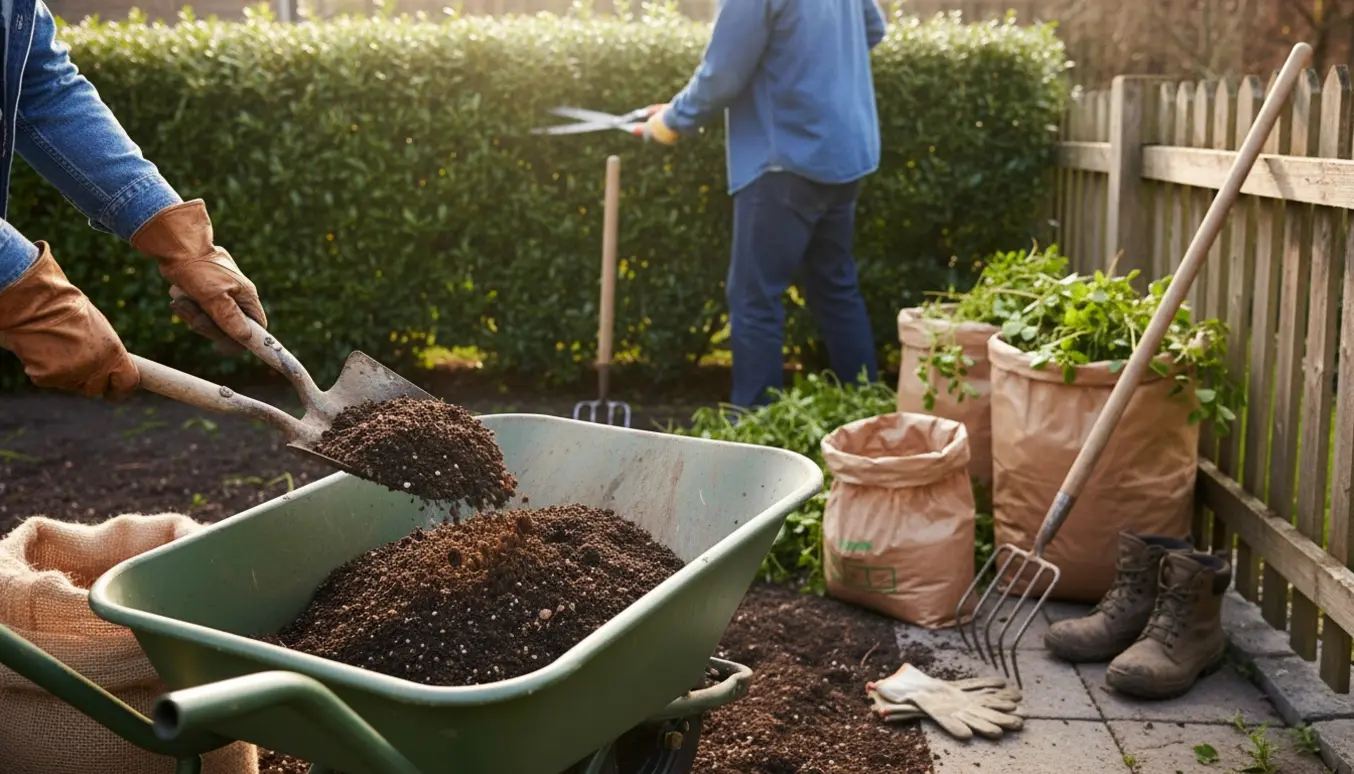 En forårs-have under oprydning med handsker, trillebør fyldt med jord, nyklippet hæk og bunke af afklip.