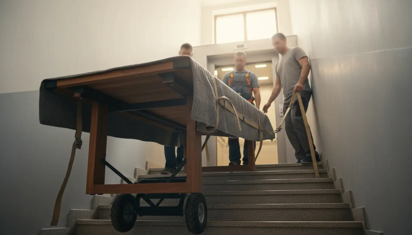 Flyttefolk bærer et stort massivt bord op ad en trappe med flyttestropper og tæpper, mens elevatoren står åben som mulighed.