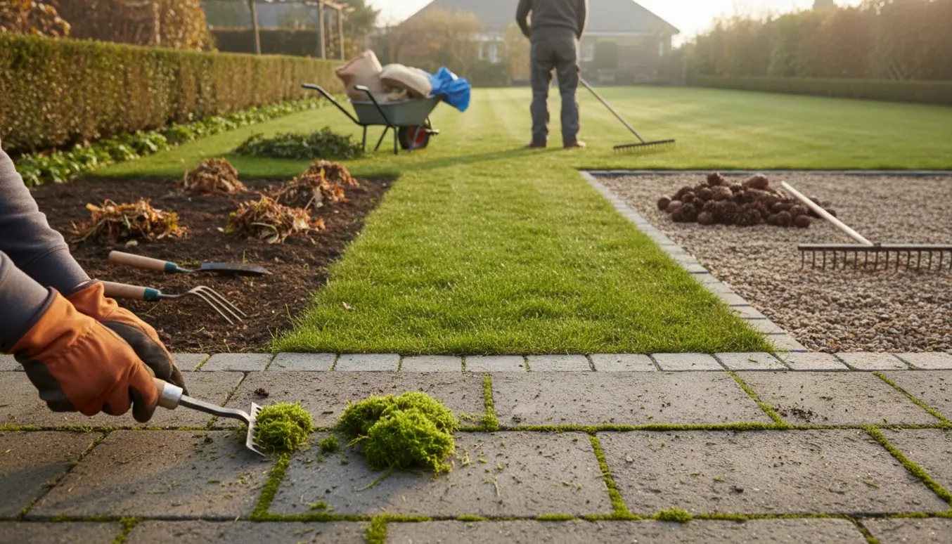 Havehjælp med riven græsplæne, fjernelse af mos mellem fliser og oprydning på skrænt.