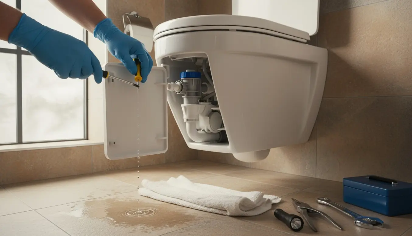 Åben servicelem på et væghængt toilet med hænder, der justerer cisternens indmad og værktøj ved siden af.