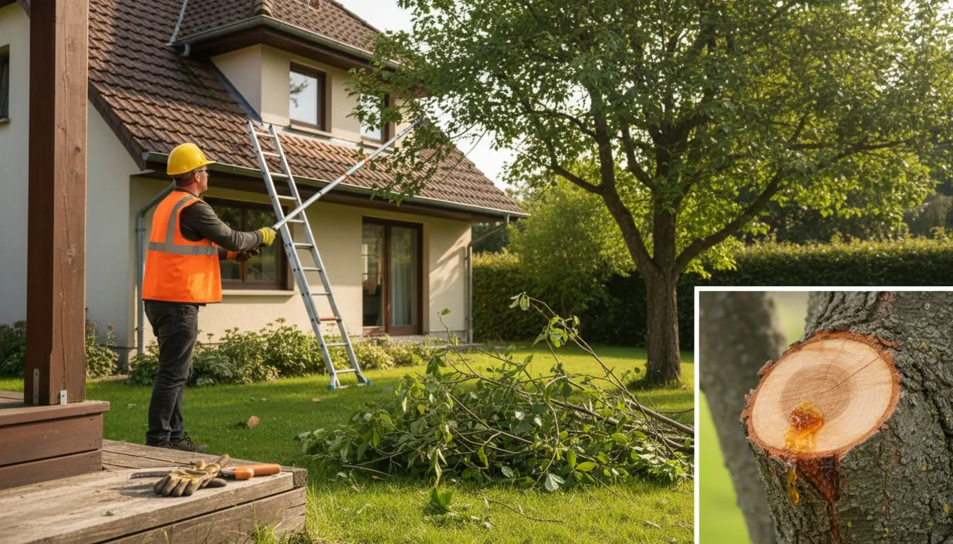 Beskæring af trægrene ved husets tag med stige, beskæringsværktøj og afskårne grene på græsset.
