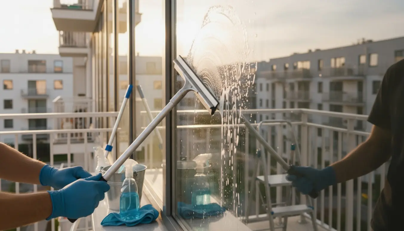 Hænder pudser altanvindue med vinduesskraber, spand med sæbevand og microfiberklud på altanen.