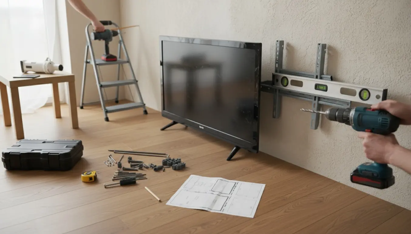 Et brugt TV monteres på væggen med værktøj, beslag til ledningsfri støvsuger og telefon og ur lagt til side.