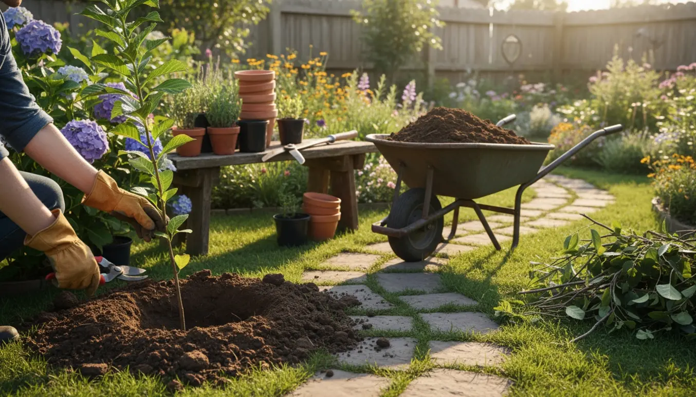 Hænder med beskæresaks og handsker beskærer en busk, mens en anden planter en ung plante i en solbeskinnet have.