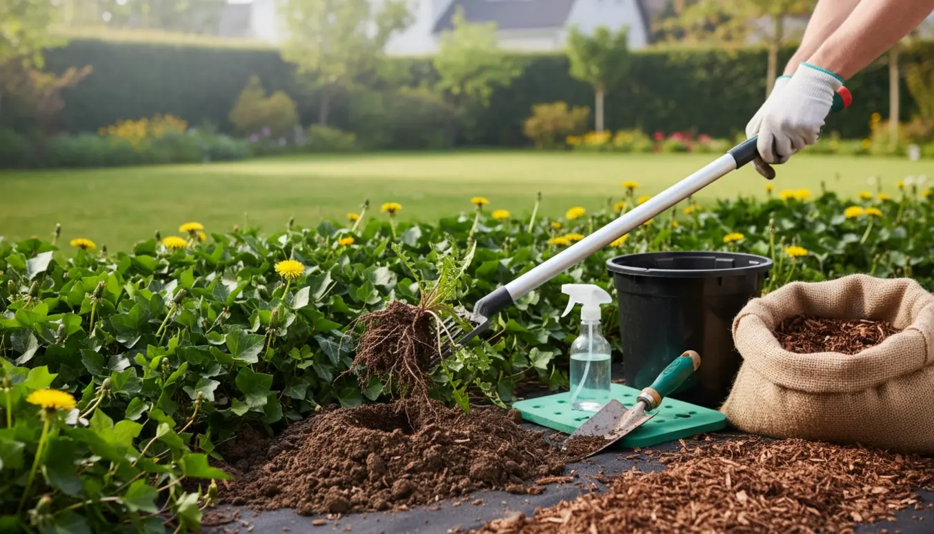 Hænder fjerner mælkebøtter fra et efeubed med værktøj, muld og barkflis omkring.