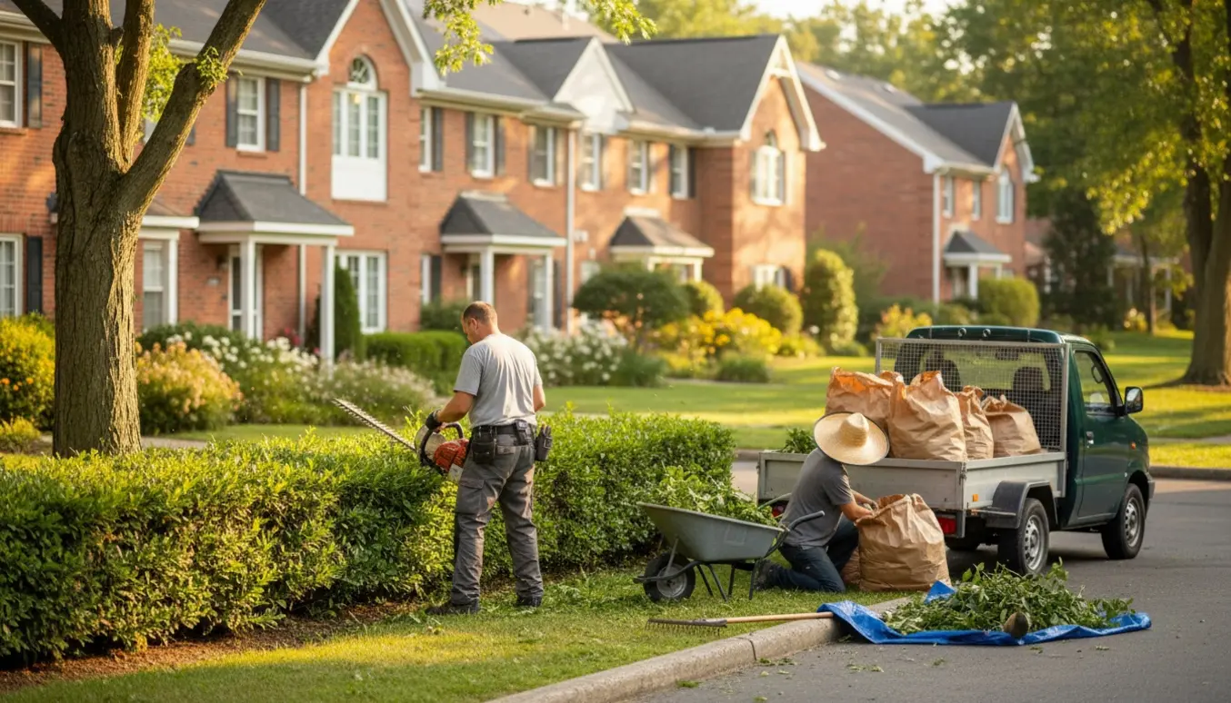 Person trimmer hæk foran række andelsboliger, nyslået hæk og sække med haveaffald klar til bortkørsel.