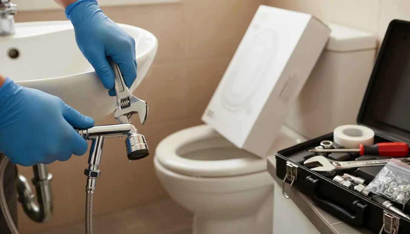 Håndværkers hænder installerer en ny bruser på en håndvask med et nyt toiletbræt klar i badeværelset.