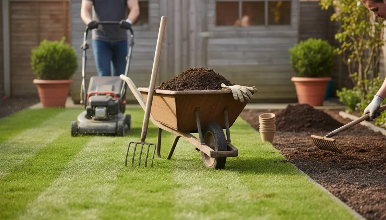 En bagvendt person slår græs og forbereder bede med trillebør og redskaber i en solrig forhave.