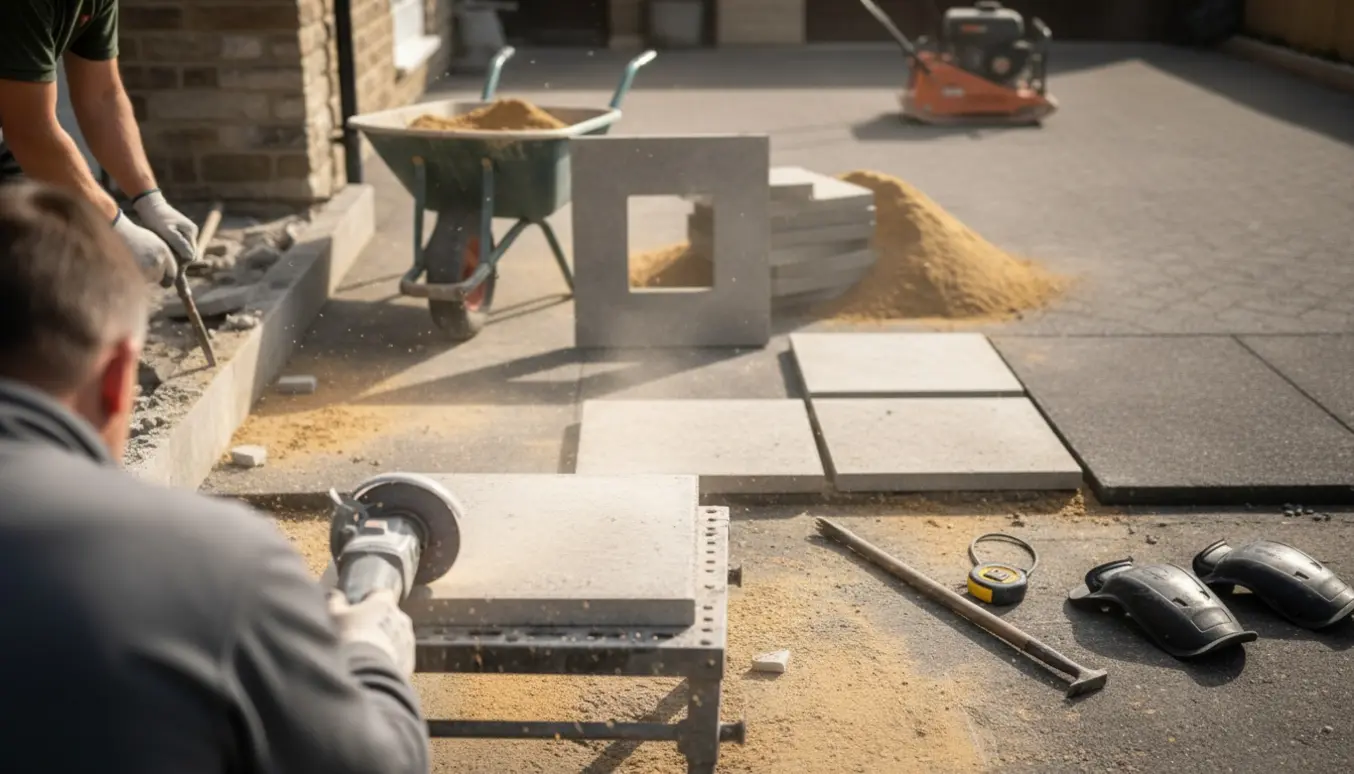 Håndværker uden synligt ansigt reparerer indkørsel med nye fliser, værktøj og en flise med udskåret hul til brønddæksel.