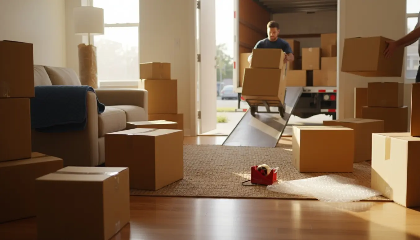 Flyttekasser bæres fra en stue og læsses ind i en åben flyttebil.