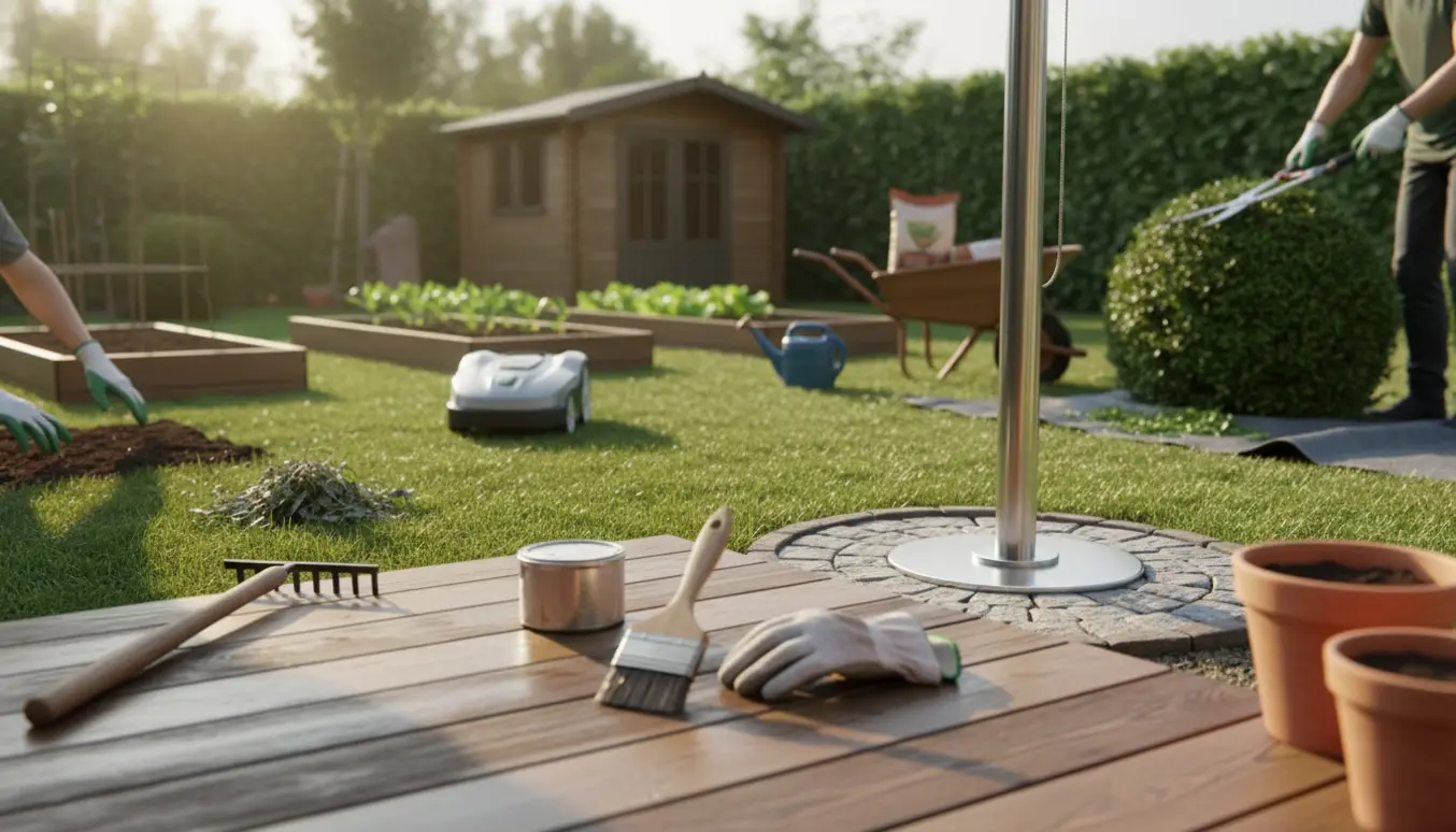 Oversigt over almindeligt havearbejde med hænder, robotplæneklipper, højbede, hæktrimning og rengjort træterrasse.