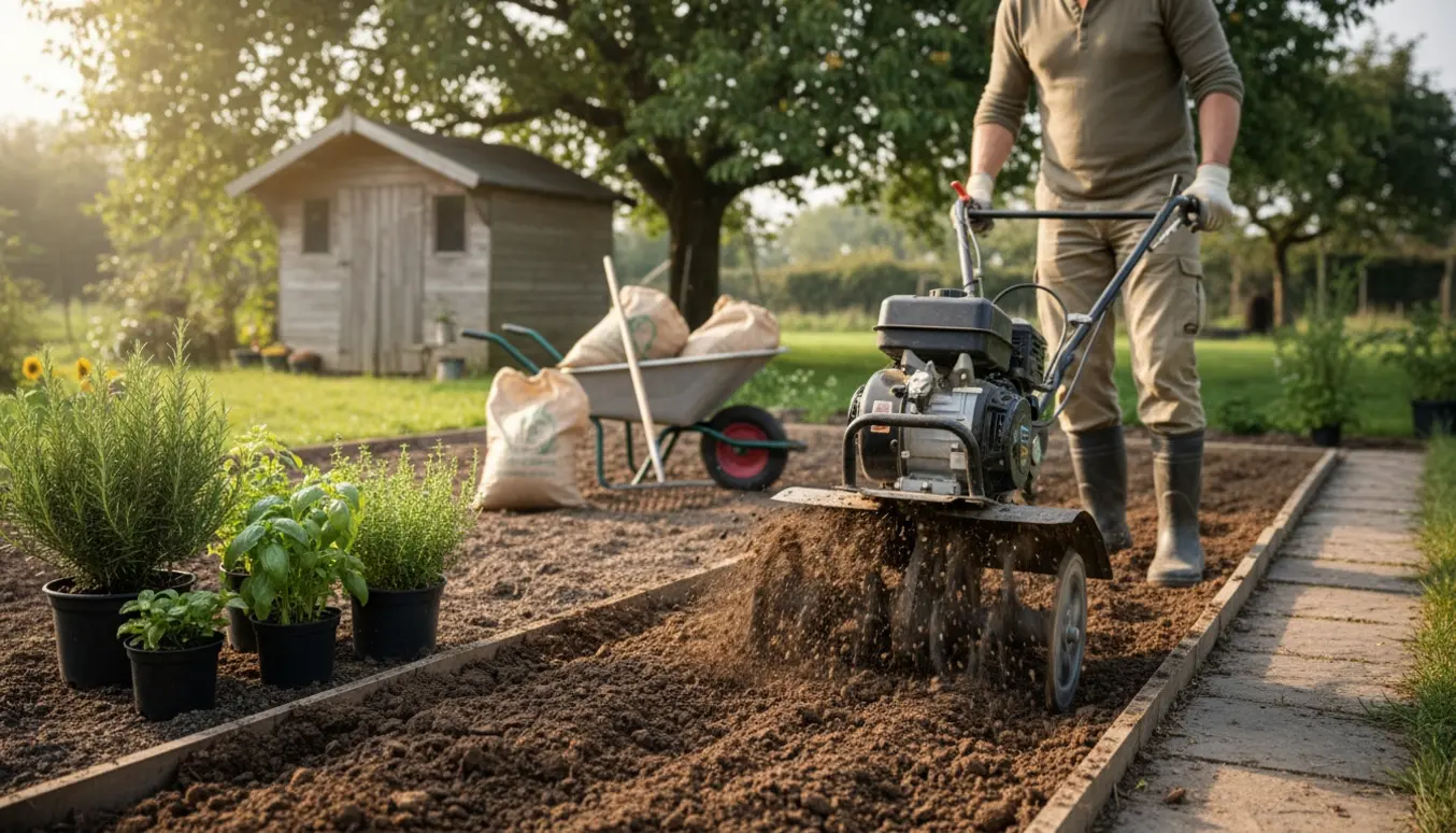 Fresemaskine vender jord i en urtehave på cirka 45 m², klar til plantning.