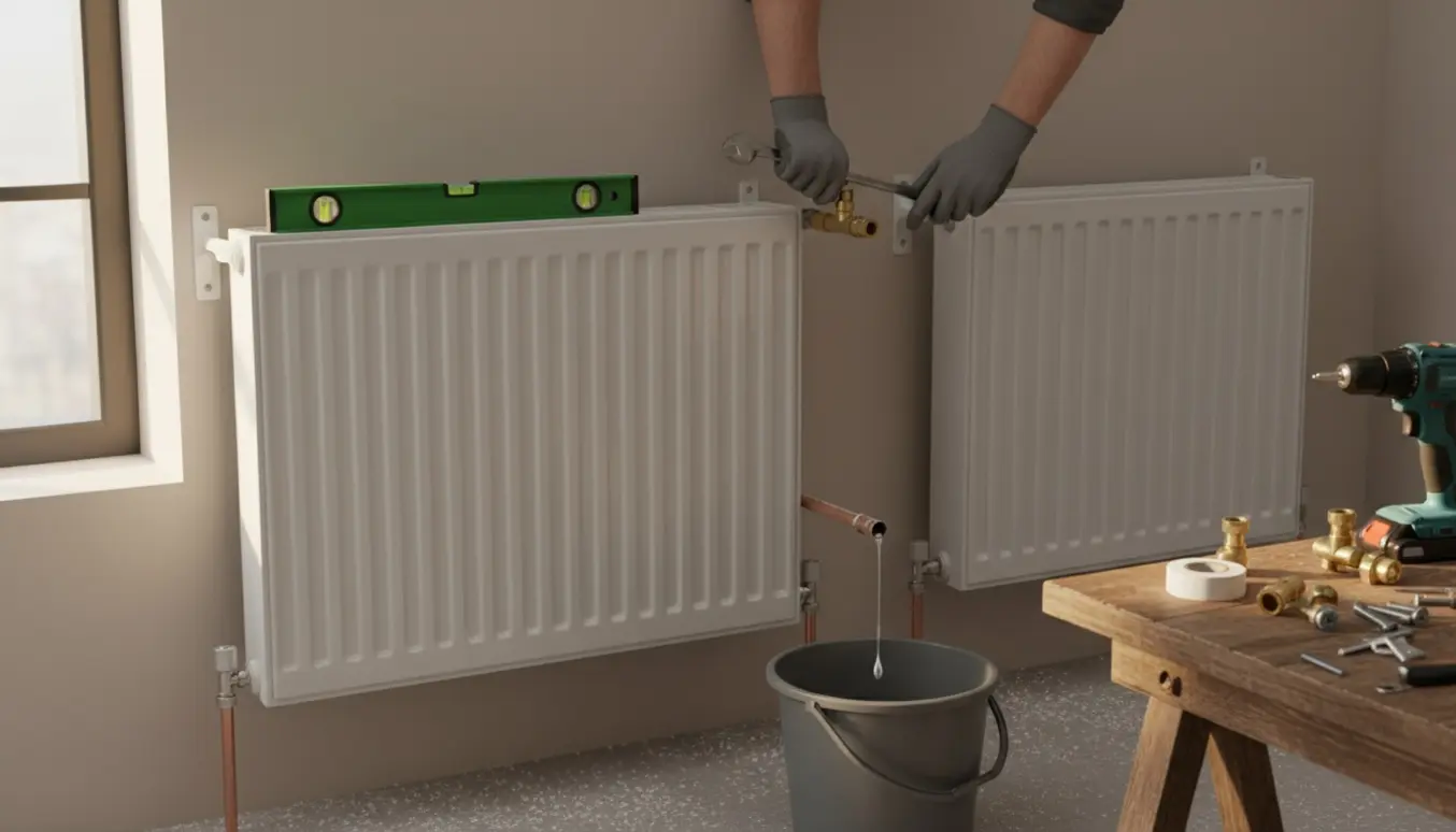 Handværker med handsker tilslutter en ny radiator mens en anden er delvist nedtaget og værktøj ligger klar.