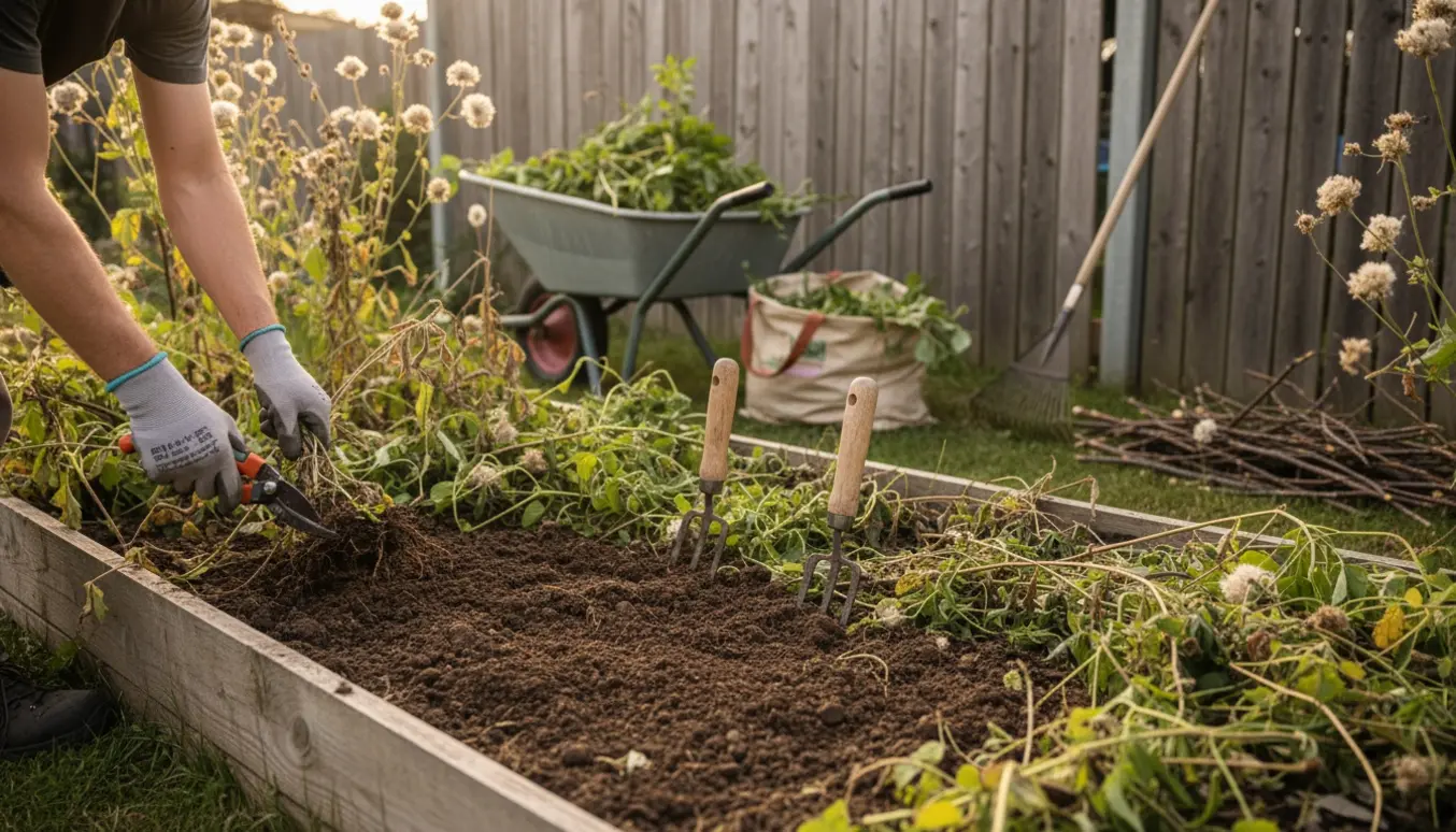 En person set bagfra fjerner ukrudt og beskærer et overgroet blomsterbed med handsker og beskærersaks.
