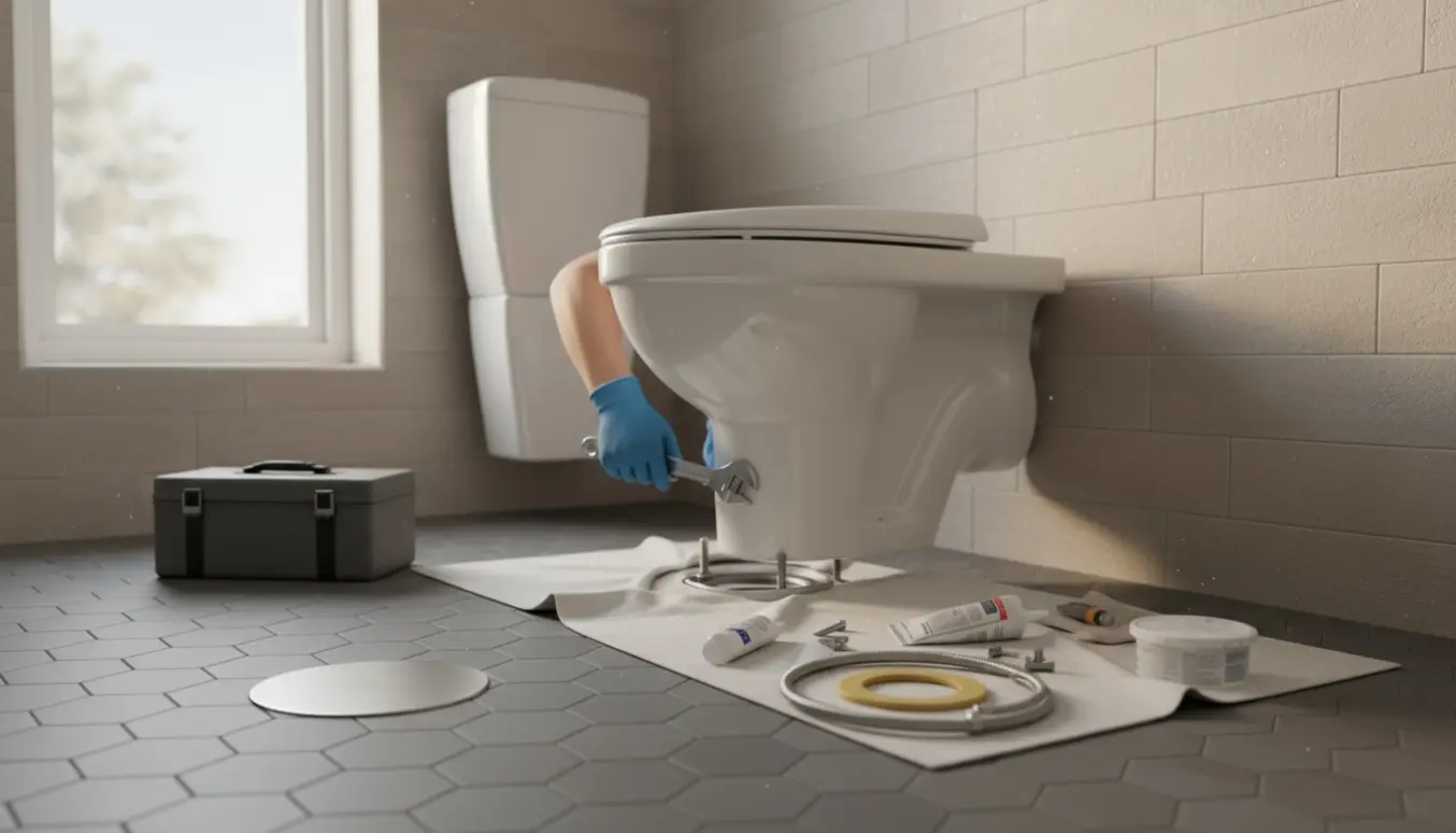 Udskiftning af et gulvmonteret hvidt toilet i et lyst badeværelse med synligt gulvafløb og værktøj.