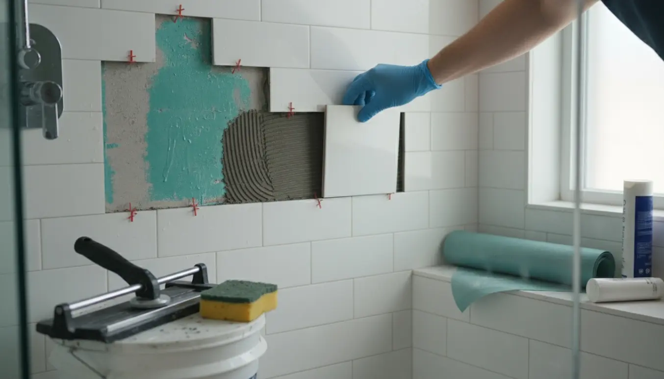 Hænder monterer nye fliser i en bruseniche med vådrumssikring og værktøj synligt.