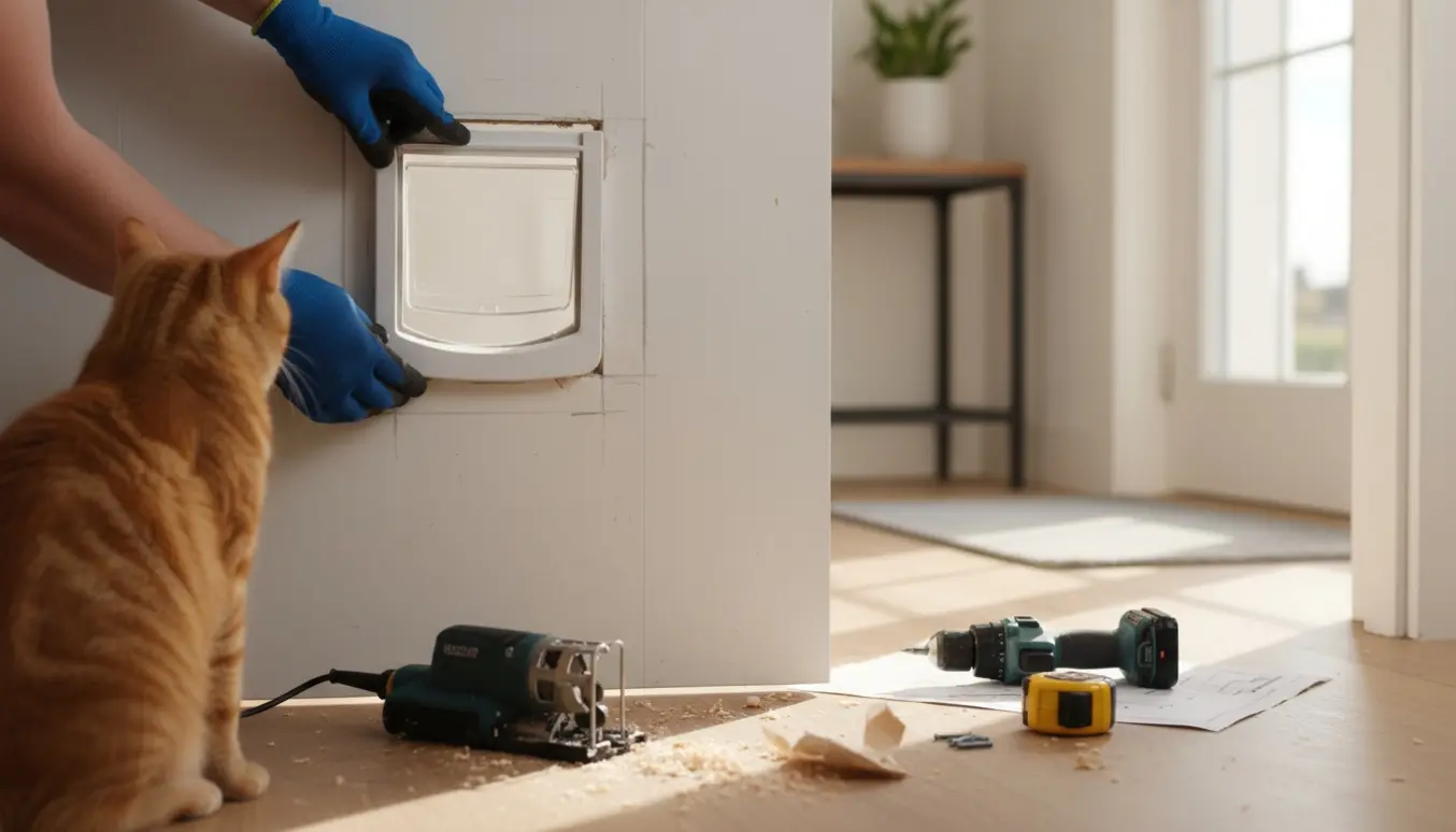 Montering af kattelem i en almindelig dør med værktøj og en nysgerrig kat i nærheden.