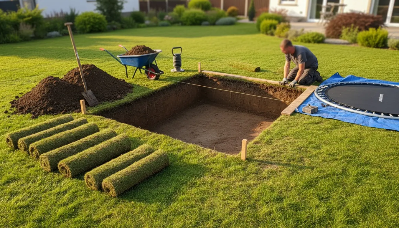 Færdiggravet rektangulært hul til nedgravet trampolin med jord, værktøj og ramme ved siden af.