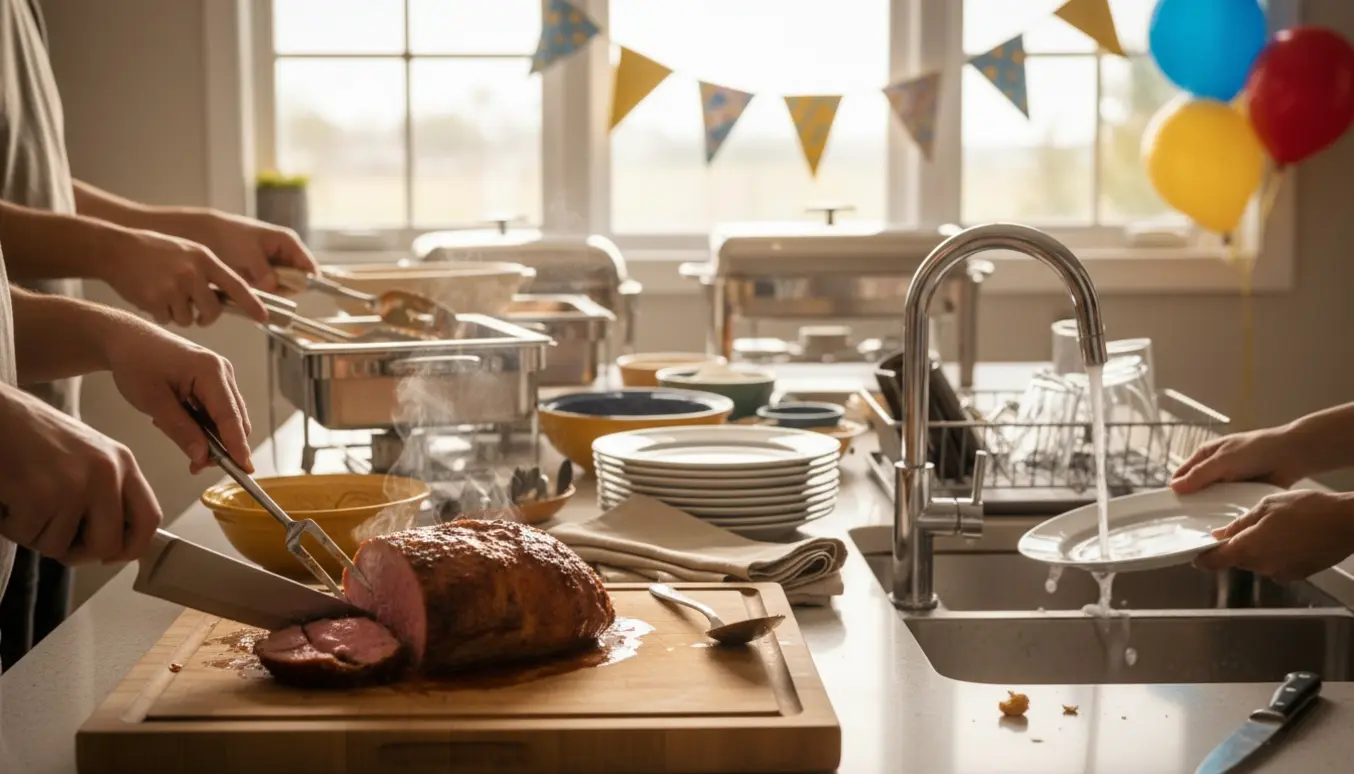 Buffetopstilling med færdigstegt kød på skærebræt, serveringsfade og hænder, der skyller service i køkkenvasken.
