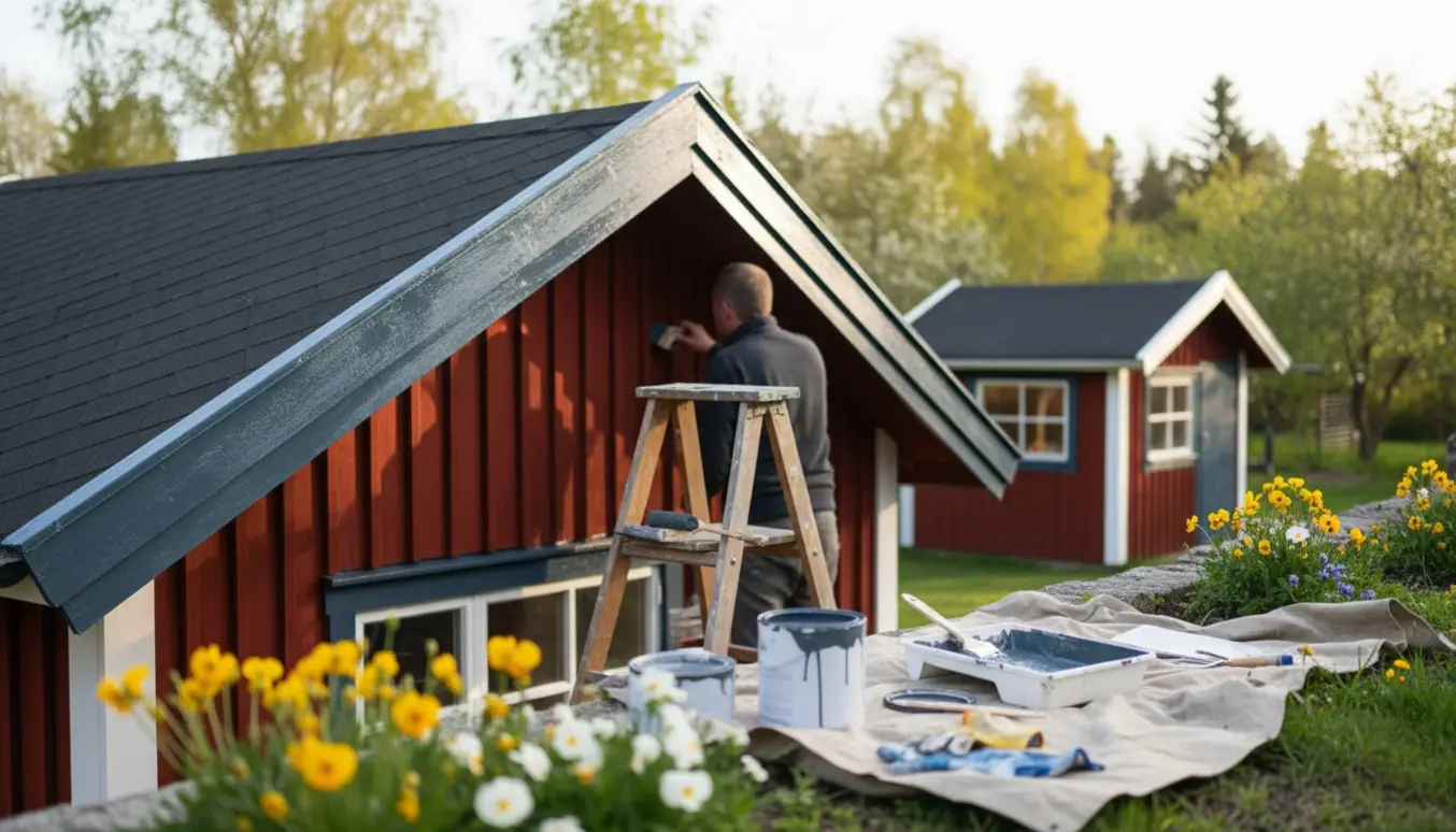 Person på stige maler gavl og vindskeder på et sommerhus med malerbøtter og afdækning i forgrunden.