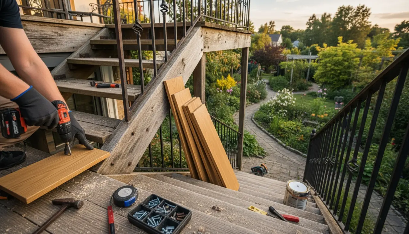 Udendørs lang trætrappe fra 1. sal til have under reparation med nye trin og værktøj.
